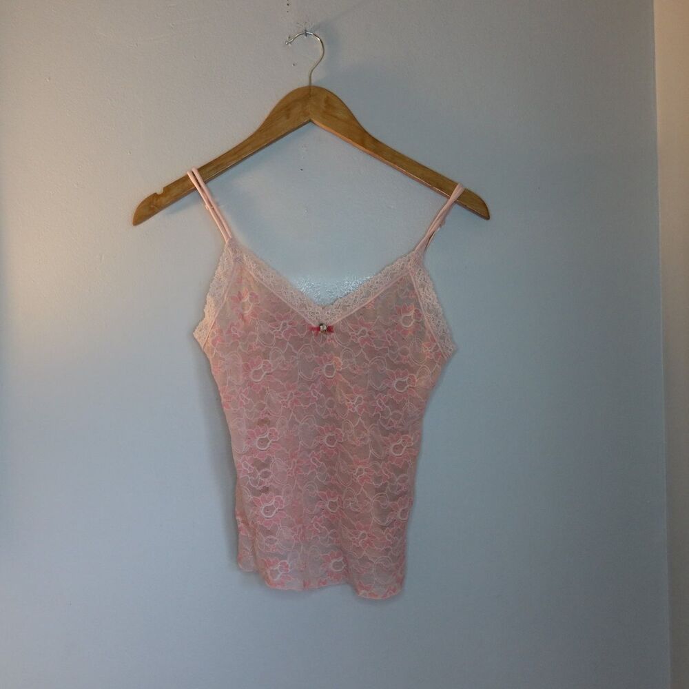Sheer Floral Camisole Top XS Pink V-Neck Sleeveless Womens Vintage Stretch